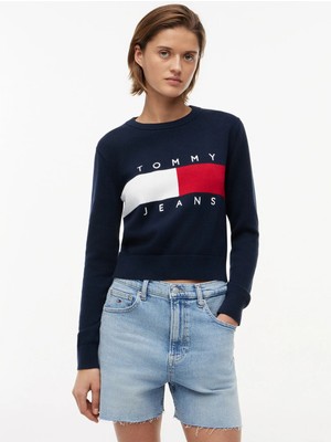 Tommy Jeans Lacivert Kadın Bisiklet Yaka Logo Baskılı Kazak DW0DW22930C1G