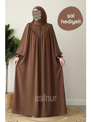 Asilnur Moda Elif Ferace Şal Hediyeli Takım Camel
