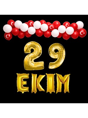 Tedaks 29 Ekim Cumhuriyet Bayramı Temalı Gold Folyo Rakam ve Harf Kırmızı Beyaz Ay Yıldız Balonlar