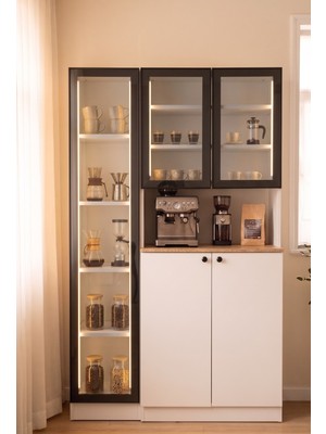 Mufi Wood Alüminyum Kapaklı LED Aydınlatmalı Füme Camlı 10 Bölmeli Tamamen Mdf Kahve Dolabı