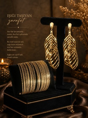 Lia Charm Kadın Gold Abiye Takı Seti - Işıltılı Küpe & Çoklu Bilezik Kombini