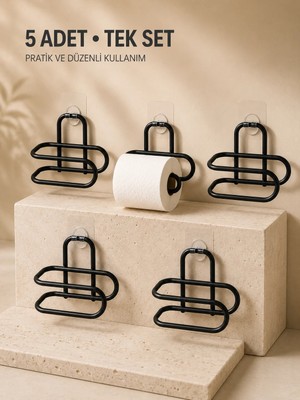 Sungur's Store Delmeden Monte Tuvalet Kağıdı Askısı Siyah Metal Yapışkanlı Banyo Kağıtlığı 5’li Set