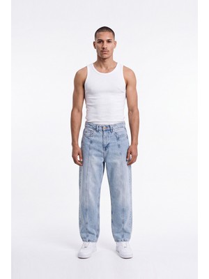 Machinist Erkek Dikiş Detaylı Relaxed Baggy Jean Pantolon Mavi