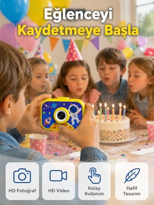 Sungur's Store Şarjlı Çocuk Dijital Kamera Ön Arka Kamera Destekli Hd Fotoğraf Video Çekimi Mini Tripodlu