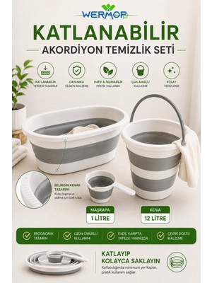 Safir 3'lü Katlanabilir Temizlik Seti Katlanır Çamaşır Sepeti Su Kovası Maşrapa