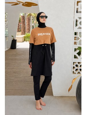 Remsa Mayo Spor Likra Logo Detay Tam Kapalı Tesettür Mayo R140 Camel