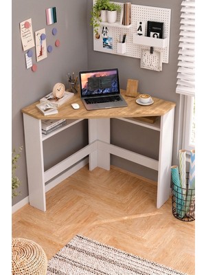Yurupa Casual Köşe Çalışma Masası Raflı Bilgisayar ve Ders Çalışma Masası Sepet-Beyaz Cas1-Sw
