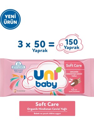 Uni Baby Soft Care Organik Hindistan Cevizi Yağlı Islak Mendil 3x50 150 Yaprak