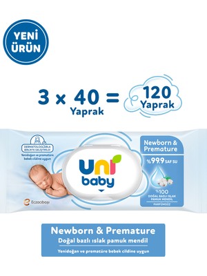 Uni Baby Newborn & Premature Yenidoğan Islak Pamuk Mendil 3X40 120 Yaprak