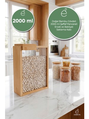 Evonita 2000 ml Bambu Kapaklı Erzak Kabı Bakliyat Saklama Kabı Mutfak Organizer Tekli Saklama Kutusu