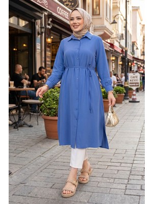 Modestim Kadın Yırtmaç Detaylı Kuşaklı Gömlek Yaka Boydan Düğmeli 120 cm Uzun Tesettür Tunik Indigo