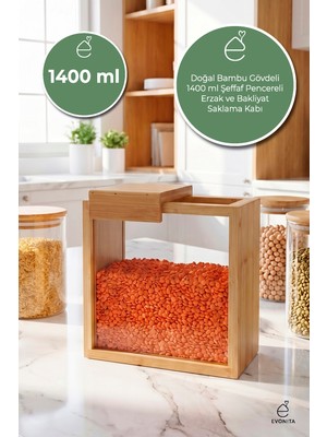 Evonita 1400 ml Bambu Kapaklı Erzak Kabı Bakliyat Saklama Kabı Mutfak Organizer Tekli Saklama Kutusu