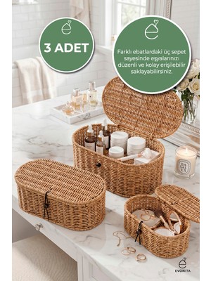 Evonita 3'lü Kapaklı Rattan Organizer Sepet Seti Hasır Görünümlü Dekoratif Saklama Kutusu Oval