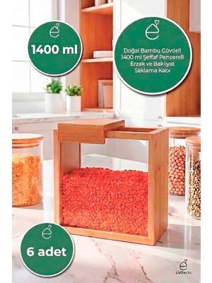 Evonita 1400 ml Bambu Kapaklı Erzak Kabı Bakliyat Saklama Kabı Mutfak Organizer Tekli Saklama Kutusu (6 Adet)
