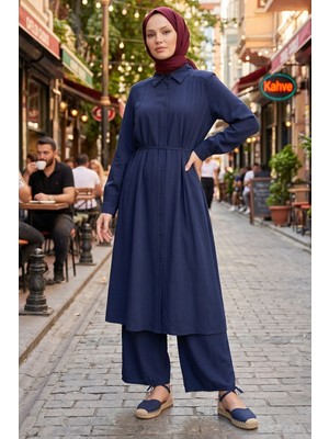 Modestim Kadın Gömlek Yaka Düğmeli Pileli 120 cm Uzun Tunik Pantolon Rahat Kalıp Ikili Tesettür Takım