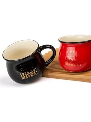 2'li Emaye Görünümlü Renkli Porselen Kupa Seti Good Morning Gold Yazılı 250 Ml,siyah & Kırmızı