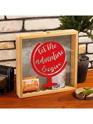 Macera Başlasın Tasarımlı Ahşap Kumbara - 24 x 24 x 4,5 cm - Dekoratif Tablo Özellikli