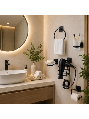 TeknoKapsül Yapışkanlı Banyo Aksesuar Seti,fön Makinesi Tutacağı,tuvalet Kağıdı Askısı,sabunluk,diş Fırçalık,yuvarlak Havlu Askısı (Set1)