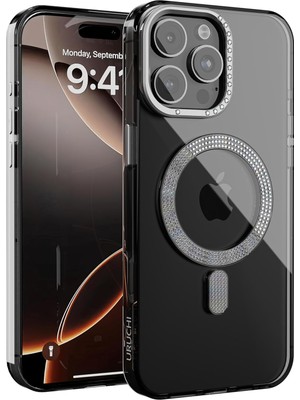 TeknoKapsül iPhone 15 ile Uyumlu Şeffaf Taşlı Mag-Safe Kılıf – Sert Mika Sararmaz Kılıf, N52 Güçlü Mıknatıs, Bağımsız Tuşlar, Lüks Kristal Tasarım (Siyah Şeffaf, iPhone 15)