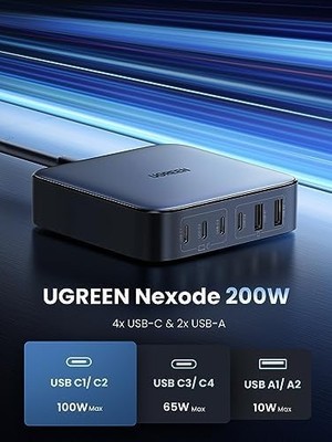 TeknoKapsül 200W USB C Şarj Cihazı 100W + 100W 6 Bağlantı Noktalı Pd Şarj Cihazı Gan Iı Pps MacBook Pro/air iPhone iPad Pro ile Uyumludur.