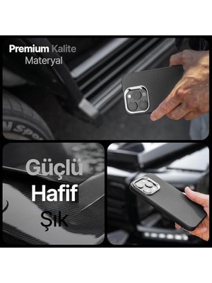 TeknoKapsül iPhone 16 Pro Max Için Fiber Karbon Materyal Arka Bölüm Metal Lens Çerçeveli ve Metal Tuşlu Sararmayan ve Çizilmeyen Güçlü Darbe Emici Premium Silikon Kılıf (Çöl Titanyum, 16 Pro Max)