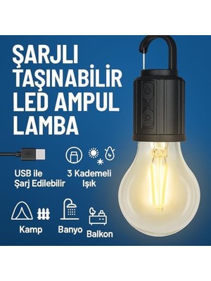 TeknoKapsül Şarjlı Taşınabilir LED Ampul Lamba – USB ile Şarj Edilebilir, 3 Kademeli Işık, Asma Kancalı & Kamp, Bahçe, Dolap, Balkon, Banyo Için Acil Aydınlatma (3200K)