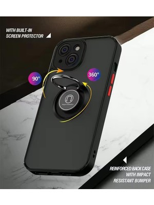 TeknoKapsül & Aksesuar iPhone 15 Plus ile Uyumlu Arka Kısmı Mat Şeffaf Yapıya Sahip Manyetik Yüzük Stantlı Kenarları Silikon Tpu Malzemeden Üretilmiş Renkli Tuşlara Kamera Korumalı Transparan Kılıf