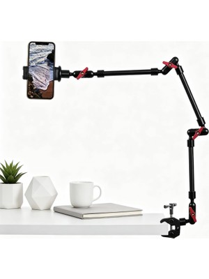 TeknoKapsül Ayarlanabilir Eklemli Sihirli Kol Kelepçe ve Telefon Tutucu Klipsli Masa Montajı, Masa Standı, Cep Telefonu Tripod (3 Arms+Kelepçe+Klip)