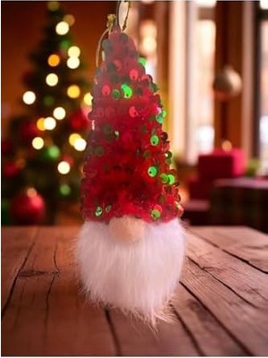 TeknoKapsül Gnome Şans Cücesi (15 Cm) – Kırmızı Yeşil Payetli Şapkalı Yılbaşı Süsü Dekorasyonu, Kırmızı
