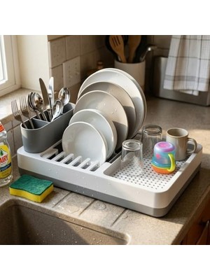 TeknoKapsül Tezgah Üstü Bulaşık Kurutmalık, Çok Bölmeli Tabak ve Bardak Düzenleyici, Kaşıklıklı Mutfak Organizer 42 cm