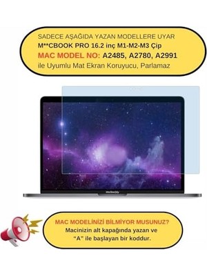 TeknoKapsül MacBook Pro 16.2 Inç M2 M3 M4 Uyumlu Anti Blueray Ekran Koruyucu Mavi Mor Işık Filtresi Göz Yormayan Retina Net Görüntü Touch Id Şeffaf
