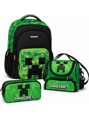 Minecraft Lisanslı Creeper 3'lü Okul Çantası Seti Yeşil Siyah – Sırt Çantası, Beslenme Çantası ve Kalemlik