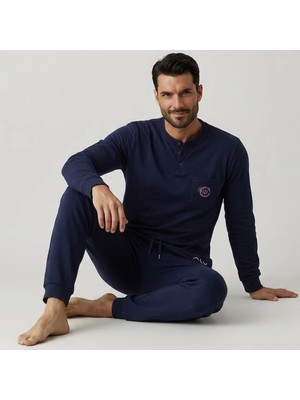 Bonbon Erkek Pamuklu Yakası Düğmeli Cepli Hediyelik Bohçalık Ve Çeyizlik Lacivert Renk Pijama Takımı AL007 V1
