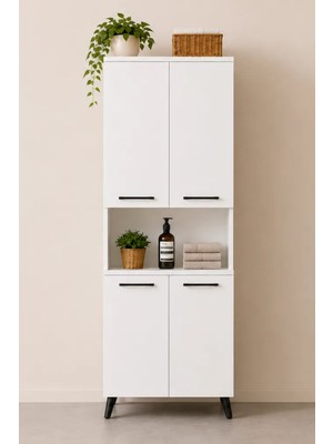 Reyo Enda Home Listra 4 Kapaklı Çok Amaçlı Dolap 170,8 Cm,  Raflı, Ayaklı Depolama Dolabı - Beyaz