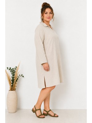 Bt Moda Müslin Büyük Beden Polo Yaka Yırtmaçlı Elbise/ Tunik
