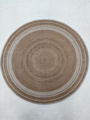 Perhal JY07B Yuvarlak Kilim – Beyaz Çizgili Kahverengi Modern Dekoratif Halı Kilim