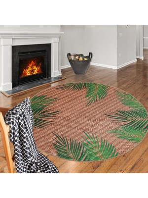 Perhal JY50 Yuvarlak Kilim – Yeşil Tropikal Yaprak Desenli Bohem Dekoratif Halı Kilim