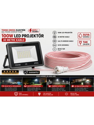 TEKNO 30 Metre 100 Watt Seyyar LED Projektör Beyaz Işık Aydınlatma Su Geçirmez Dış Mekan IP65 Tak Çalıştır