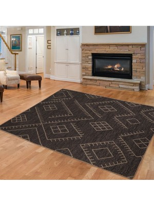 Perhal J95 Siyah Kilim – Bej Geometrik Motifli Bohem Desenli Halı Kilim