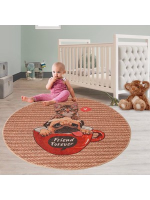 Perhal JY45 Yuvarlak Kilim – Kedi ve Pug Köpek Desenli Çocuk Odası Halı Kilim