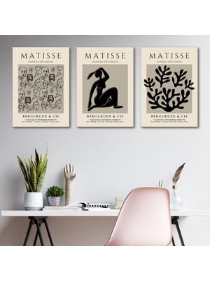 Tilki Dünyası Henri Matisse 3'lü Kanvas Tablo Seti - Vizon Siyah Soyut Yüz ve Figür Çizimli Modern Duvar Tablosu Seti