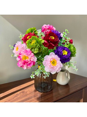 Sedosh Home Vision Özel Tasarım Cam Vazoda Yapay Renkli Şakayık Çiçek Aranjmanı - Lüks Yapay Çiçek Masa & Salon Dekoru (Çap 40 cm / Yükseklik 35 Cm)