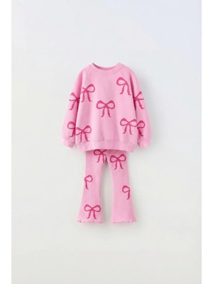 Magu Kız Çocuk Fiyonk Desenli Pembe Sweatshirt ve Ispanyol Paça Tayt Takımı