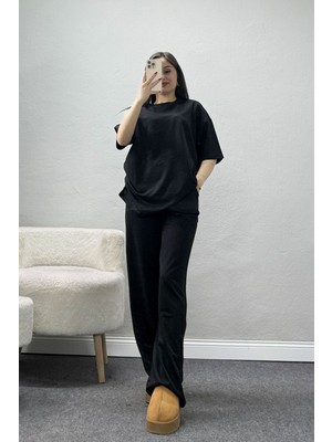 Belendir Kadın Oversize Iki Iplik Wortex Takım Siyah