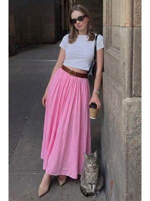 Pembe Vual Kumaş Basic Kadın Uzun Boy Kadın Etek MG2366