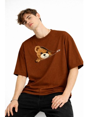 TeknoKapsül Mn - Bear Baskılı Oversize Tişört Kahve