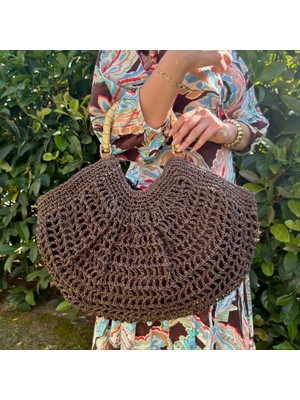 Nes Design Bambu Kulplu Acı Kahve Hasır Çanta