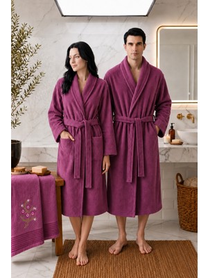 Luna Sacra Unisex Nakışlı Işlemeli Şal Yaka Yetişkin Bornoz - Saç Havlu Set / Çeyiz Seti
