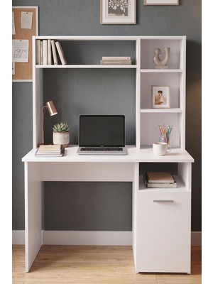 Yurupa Bloom Kitaplıklı Çalışma Masası Dolaplı Bilgisayar Masası 110 cm Beyaz Bom1-W