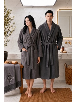 Luna Sacra %100 Bambu Unisex Nakışlı Işlemeli Şal Yaka Yetişkin Bornoz - Saç Havlu Set / Çeyiz Seti